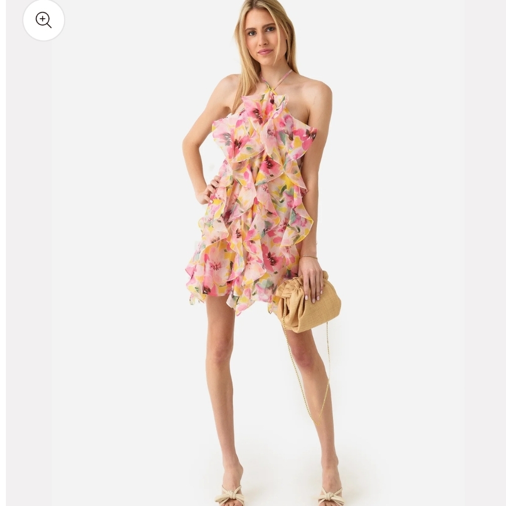MISA Los Angeles Miah Floral Ruffle Halter Mini Dress Hello Yellow NWOT Small